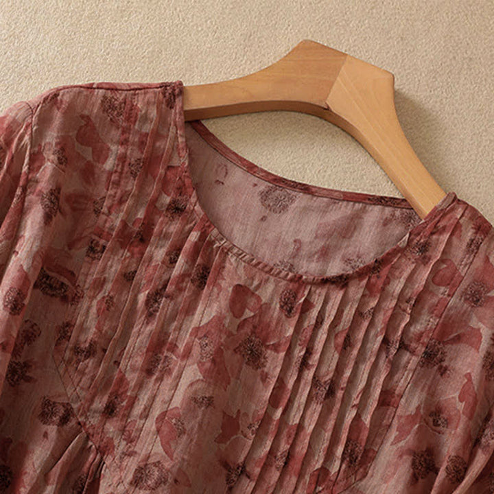 Buddha Stones Commute Floral Rundhals-T-Shirt mit Faltenmuster und Puffärmeln für Damen - image 14