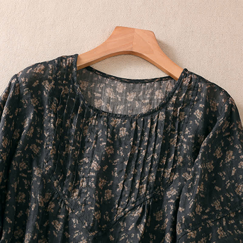 Buddha Stones Commute Floral Rundhals-T-Shirt mit Faltenmuster und Puffärmeln für Damen - image 8