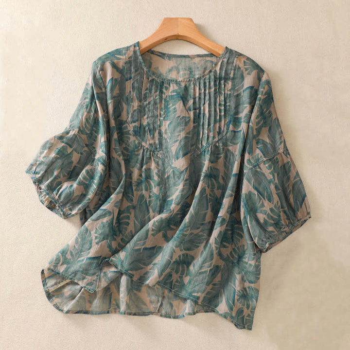 Buddha Stones Commute Floral Rundhals-T-Shirt mit Faltenmuster und Puffärmeln für Damen - Mittelseegrün - US8-10, UK/AU12-14, EU40-42 (2XL) - image 0