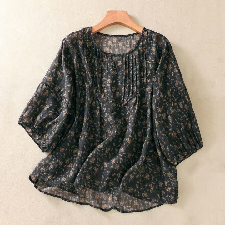 Buddha Stones Commute Floral Rundhals-T-Shirt mit Faltenmuster und Puffärmeln für Damen - Schwarz - US8-10, UK/AU12-14, EU40-42 (2XL) - image 7