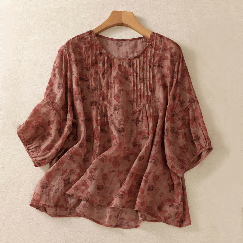 Buddha Stones Commute Floral Rundhals-T-Shirt mit Faltenmuster und Puffärmeln für Damen - IndianRed - US8-10, UK/AU12-14, EU40-42 (2XL) - image 12
