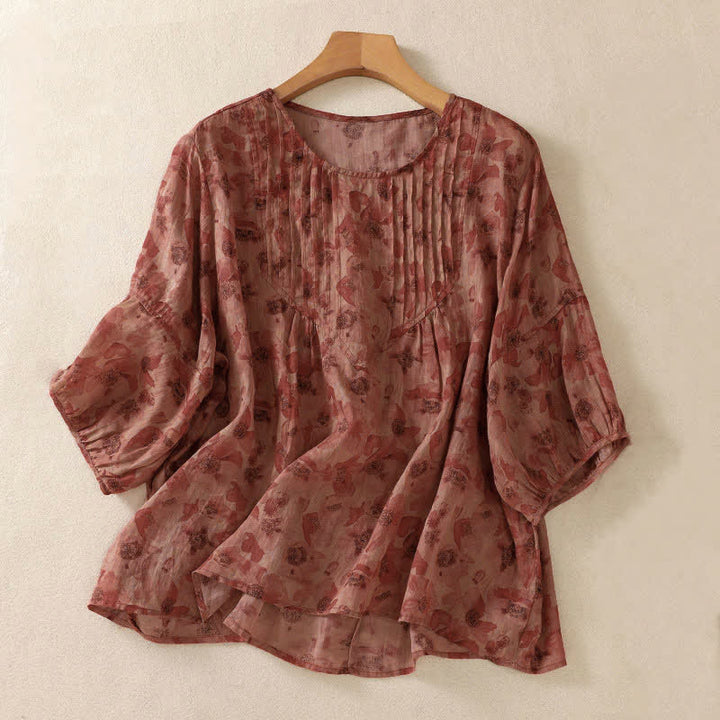 Buddha Stones Commute Floral Rundhals-T-Shirt mit Faltenmuster und Puffärmeln für Damen - IndianRed - US8-10, UK/AU12-14, EU40-42 (2XL) - image 12