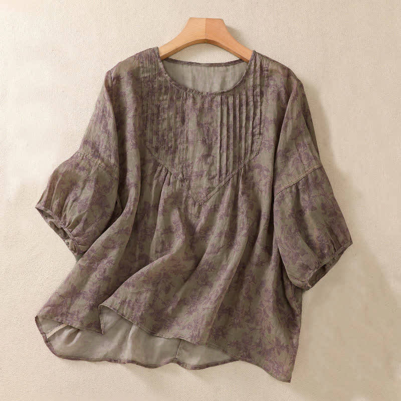 Buddha Stones Commute Floral Rundhals-T-Shirt mit Faltenmuster und Puffärmeln für Damen - RosyBrown - US8-10, UK/AU12-14, EU40-42 (2XL) - image 19