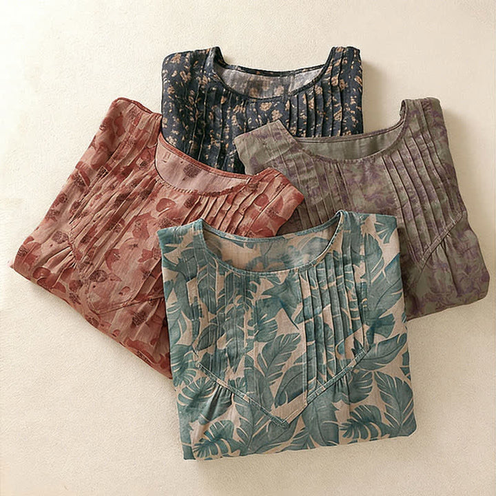 Buddha Stones Commute Floral Rundhals-T-Shirt mit Faltenmuster und Puffärmeln für Damen - image 24