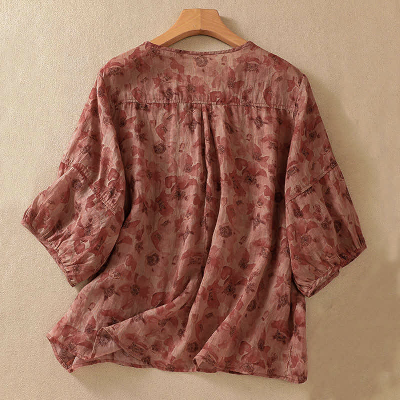Buddha Stones Commute Floral Rundhals-T-Shirt mit Faltenmuster und Puffärmeln für Damen - image 13