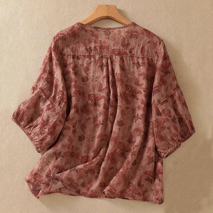 Buddha Stones Commute Floral Rundhals-T-Shirt mit Faltenmuster und Puffärmeln für Damen - image 13