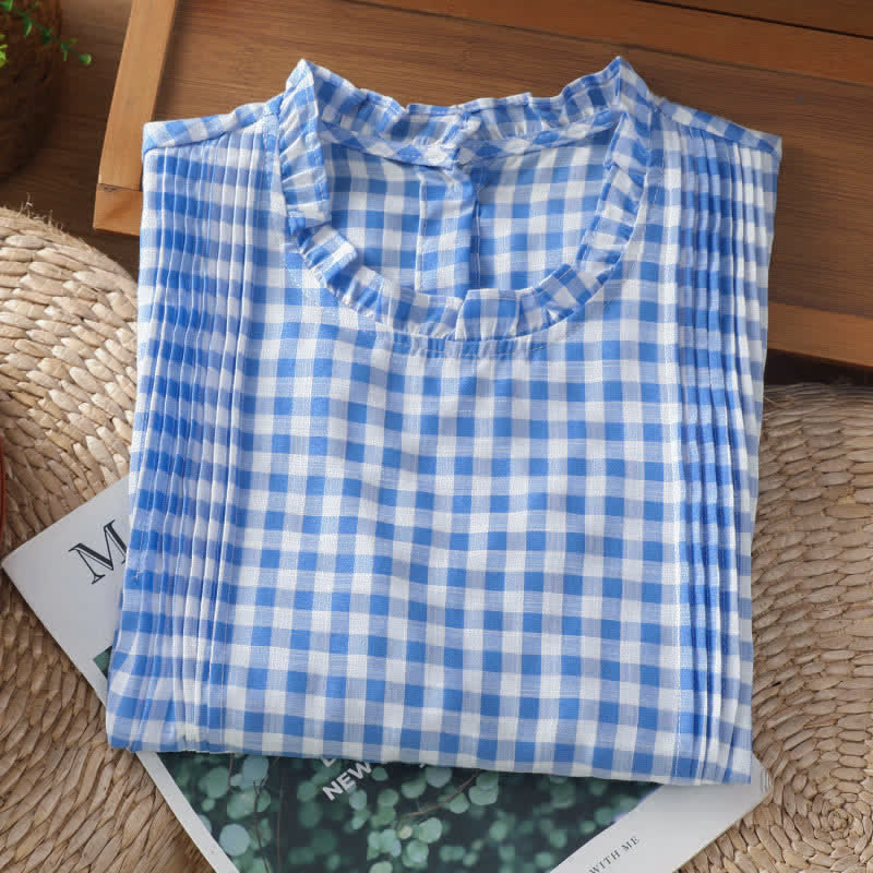 Ärmelloses Damen-T-Shirt mit Buddha Stones -Sommer-Karomuster, Rüschen, Rundhalsausschnitt und Knopfleiste am Rücken - image 11