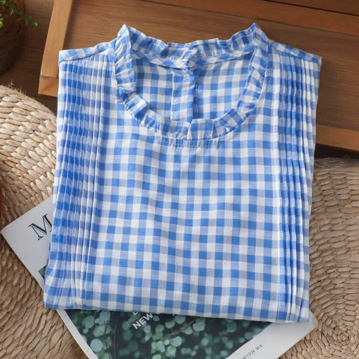 Ärmelloses Damen-T-Shirt mit Buddha Stones -Sommer-Karomuster, Rüschen, Rundhalsausschnitt und Knopfleiste am Rücken - image 11