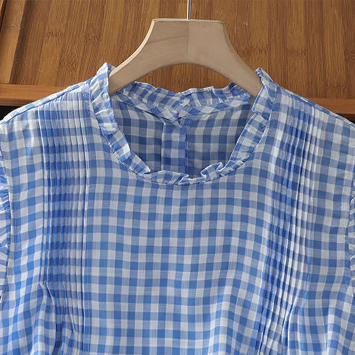 Ärmelloses Damen-T-Shirt mit Buddha Stones -Sommer-Karomuster, Rüschen, Rundhalsausschnitt und Knopfleiste am Rücken - image 4