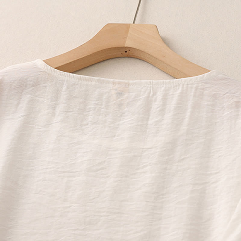 Buddha Stones Damen-T-Shirt mit kurzen Ärmeln und Froschknopf-Design in Unifarbe - image 9