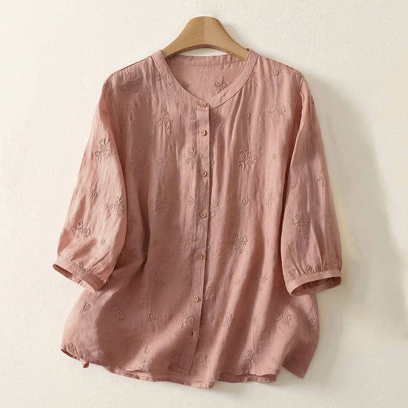 Buddha Stones Retro-Damenbluse mit Blumenstickerei, kurzen Ärmeln und Knöpfen - DarkSalmon - US 8-10, UK/AU 12-14, EU 40-42 (2XL) - image 4