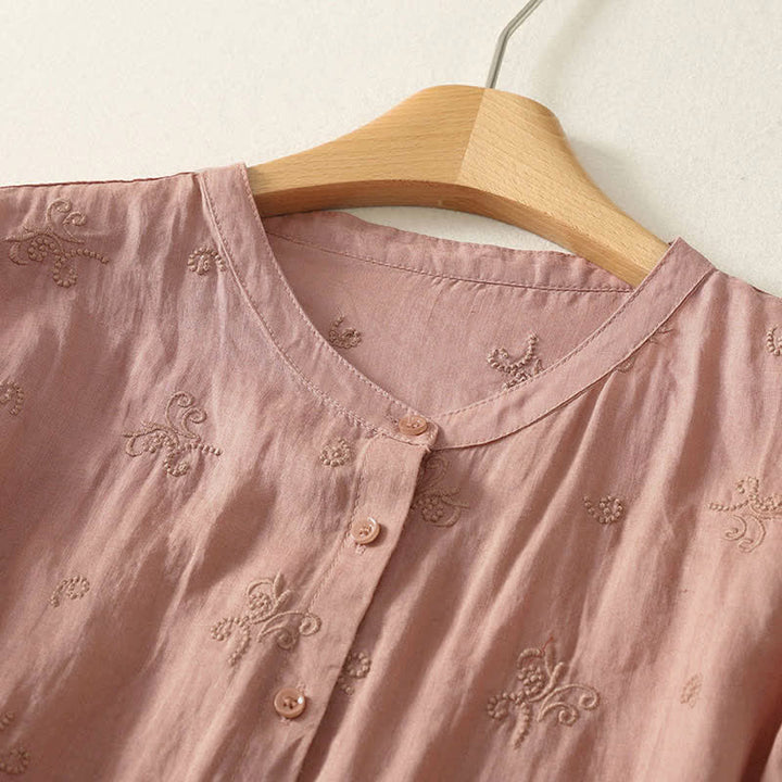 Buddha Stones Retro-Damenbluse mit Blumenstickerei, kurzen Ärmeln und Knöpfen - image 6