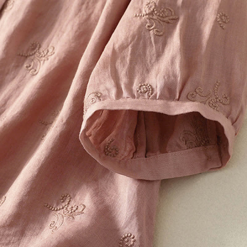 Buddha Stones Retro-Damenbluse mit Blumenstickerei, kurzen Ärmeln und Knöpfen - image 9