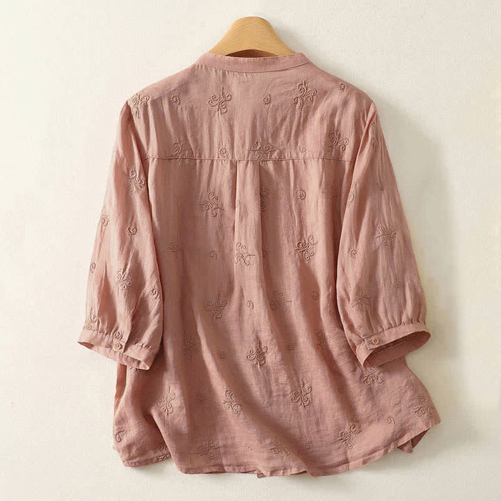 Buddha Stones Retro-Damenbluse mit Blumenstickerei, kurzen Ärmeln und Knöpfen - image 5