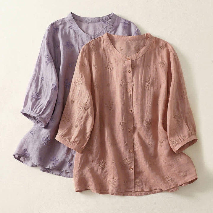 Buddha Stones Retro-Damenbluse mit Blumenstickerei, kurzen Ärmeln und Knöpfen - image 13