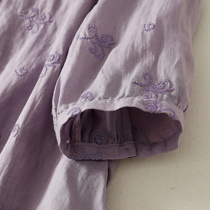 Buddha Stones Retro-Damenbluse mit Blumenstickerei, kurzen Ärmeln und Knöpfen - image 2