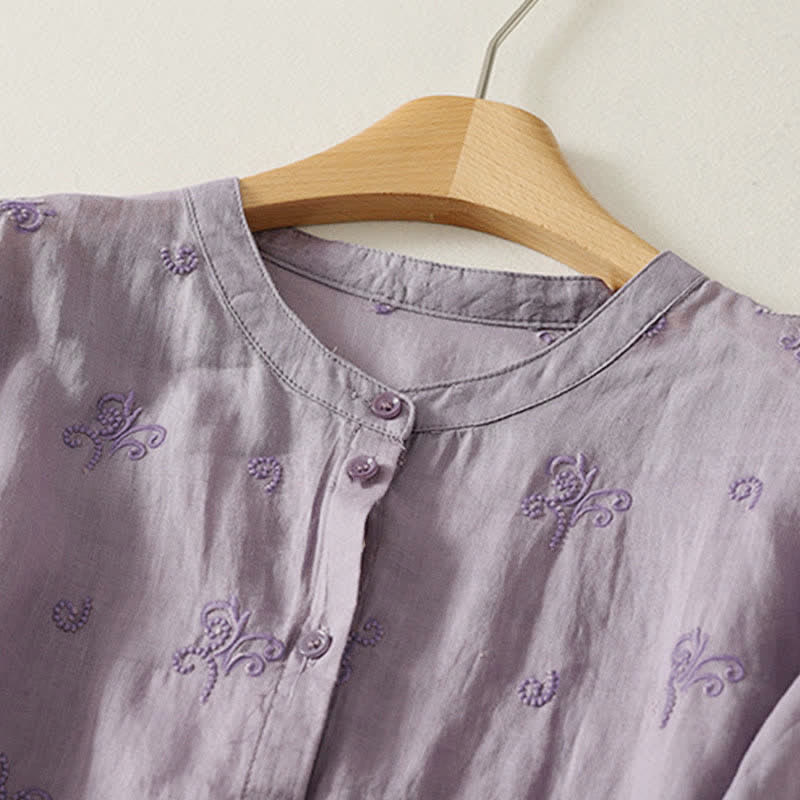 Buddha Stones Retro-Damenbluse mit Blumenstickerei, kurzen Ärmeln und Knöpfen - image 1