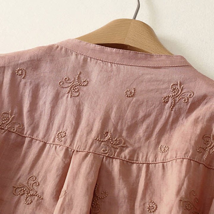 Buddha Stones Retro-Damenbluse mit Blumenstickerei, kurzen Ärmeln und Knöpfen - image 7