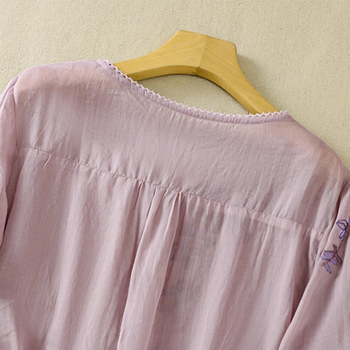 Buddha Stones Damen-T-Shirt mit Retro-Stickerei und Blumenmuster, Kurzarm, Rundhalsausschnitt - image 25