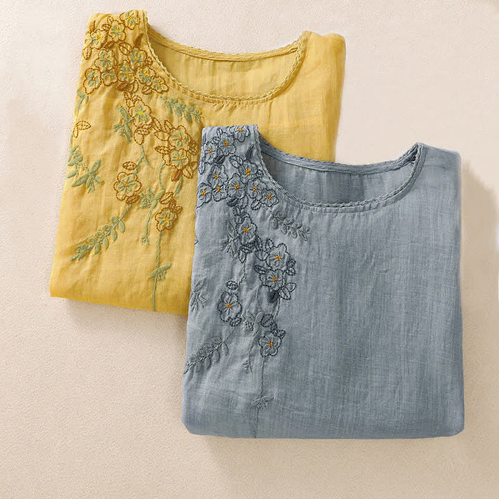 Buddha Stones Damen-T-Shirt mit Retro-Stickerei und Blumenmuster, Kurzarm, Rundhalsausschnitt - image 33