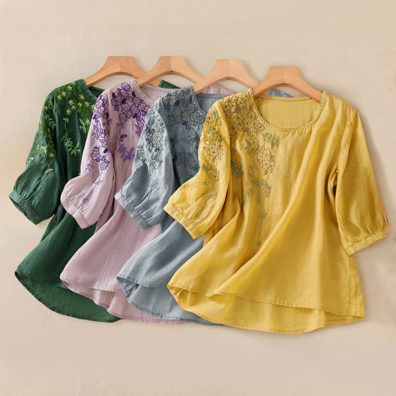 Buddha Stones Damen-T-Shirt mit Retro-Stickerei und Blumenmuster, Kurzarm, Rundhalsausschnitt - image 34