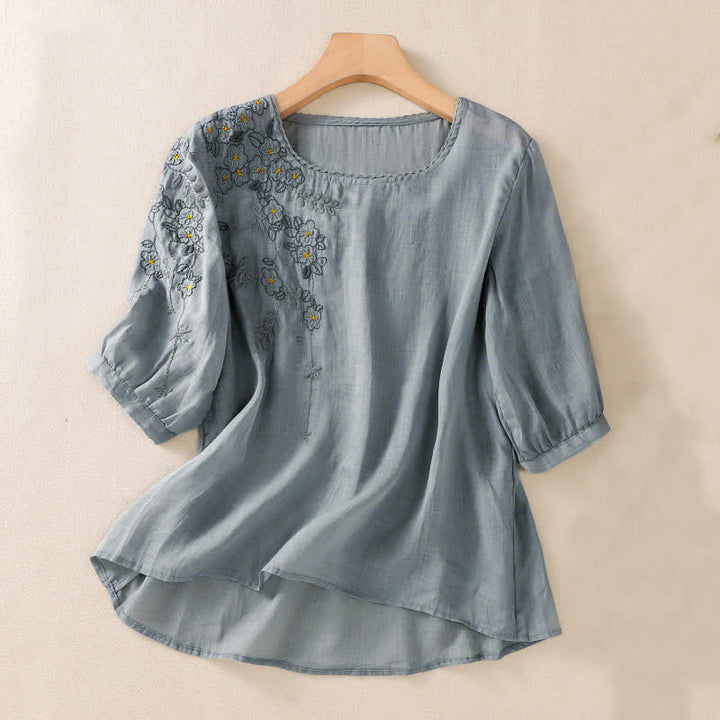 Buddha Stones Damen-T-Shirt mit Retro-Stickerei und Blumenmuster, Kurzarm, Rundhalsausschnitt - Hellstahlblau - US 8-10, UK/AU 12-14, EU 40-42 (2XL) - image 7