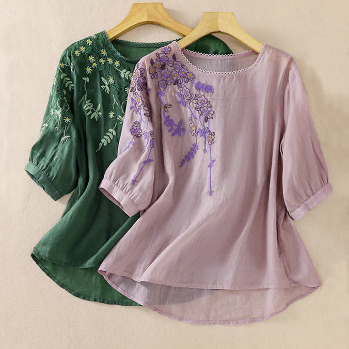 Buddha Stones Damen-T-Shirt mit Retro-Stickerei und Blumenmuster, Kurzarm, Rundhalsausschnitt - image 30