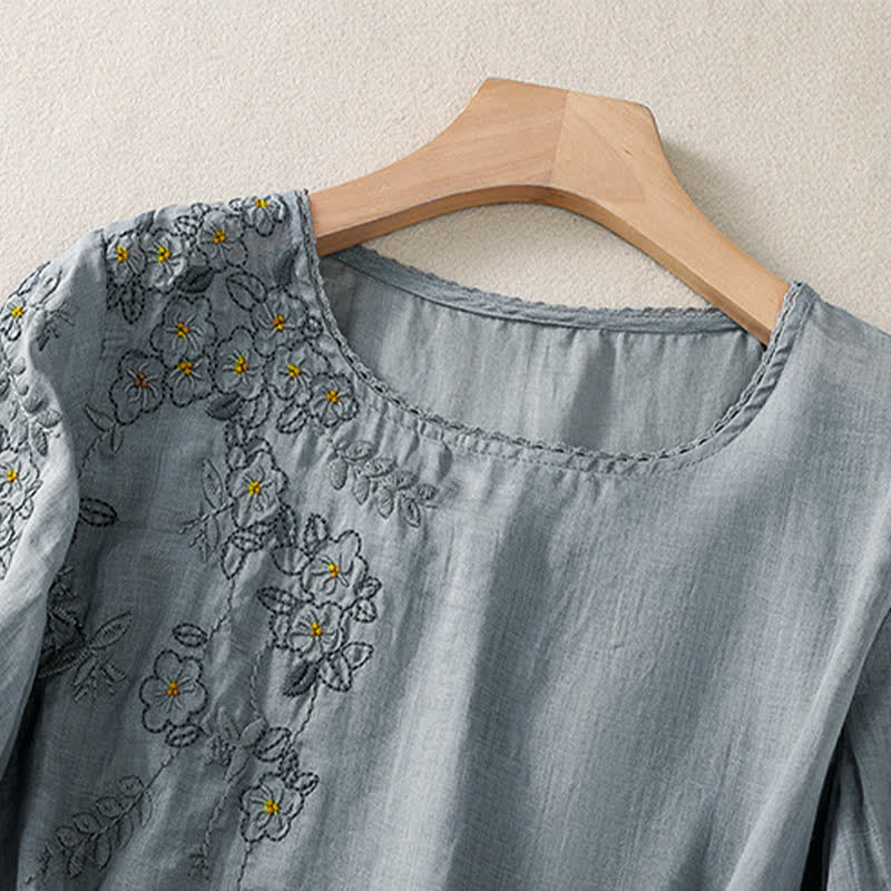 Buddha Stones Damen-T-Shirt mit Retro-Stickerei und Blumenmuster, Kurzarm, Rundhalsausschnitt - image 8