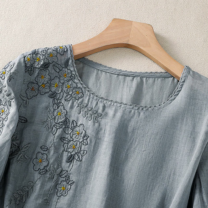 Buddha Stones Damen-T-Shirt mit Retro-Stickerei und Blumenmuster, Kurzarm, Rundhalsausschnitt - image 8