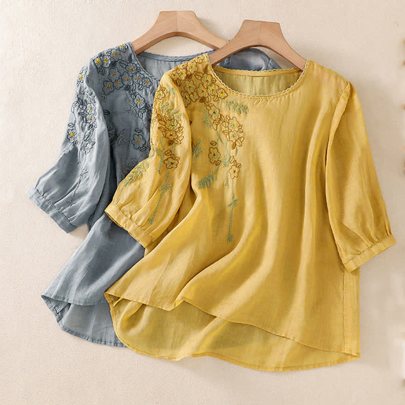Buddha Stones Damen-T-Shirt mit Retro-Stickerei und Blumenmuster, Kurzarm, Rundhalsausschnitt - image 32