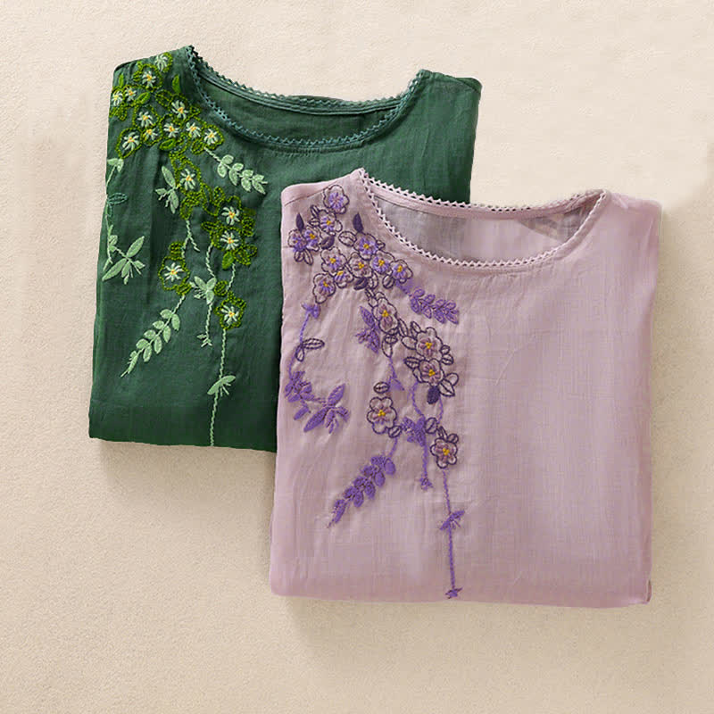 Buddha Stones Damen-T-Shirt mit Retro-Stickerei und Blumenmuster, Kurzarm, Rundhalsausschnitt - image 31