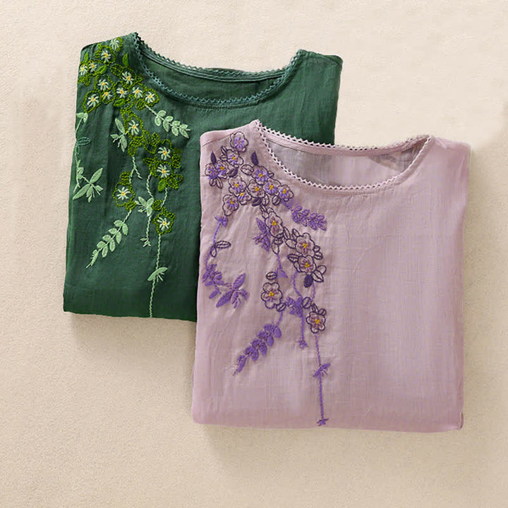 Buddha Stones Damen-T-Shirt mit Retro-Stickerei und Blumenmuster, Kurzarm, Rundhalsausschnitt - image 31