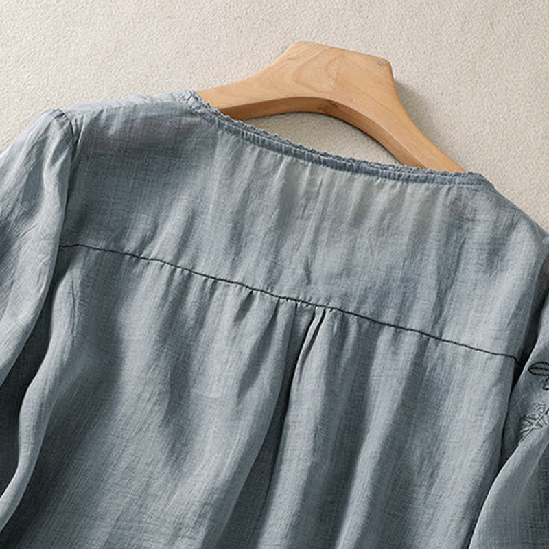 Buddha Stones Damen-T-Shirt mit Retro-Stickerei und Blumenmuster, Kurzarm, Rundhalsausschnitt - image 9