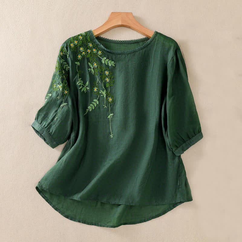 Buddha Stones Damen-T-Shirt mit Retro-Stickerei und Blumenmuster, Kurzarm, Rundhalsausschnitt - Dunkelgrün - US 8-10, UK/AU 12-14, EU 40-42 (2XL) - image 0