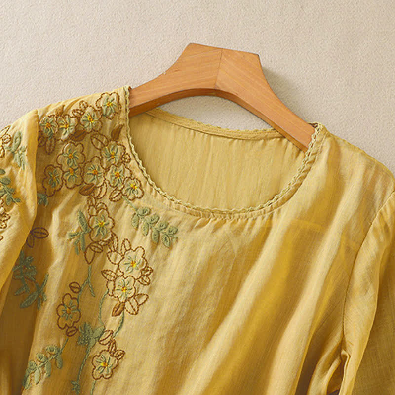 Buddha Stones Damen-T-Shirt mit Retro-Stickerei und Blumenmuster, Kurzarm, Rundhalsausschnitt - image 16