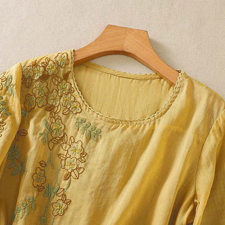 Buddha Stones Damen-T-Shirt mit Retro-Stickerei und Blumenmuster, Kurzarm, Rundhalsausschnitt - image 16