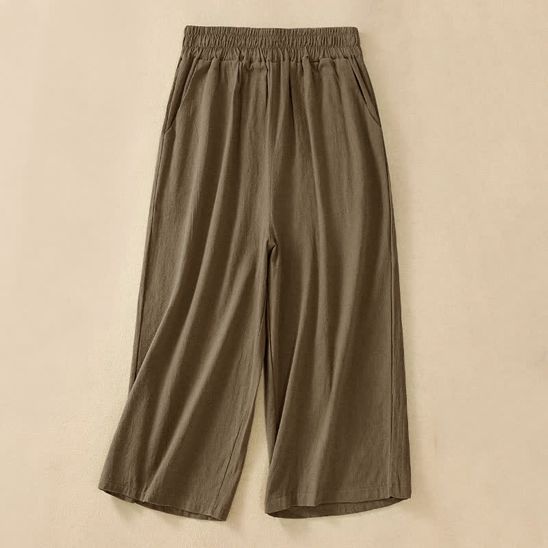 Buddha Stones Hochtaillierte, kurze Capri-Baumwollhose mit weitem Bein und Taschen für Damen - image 0