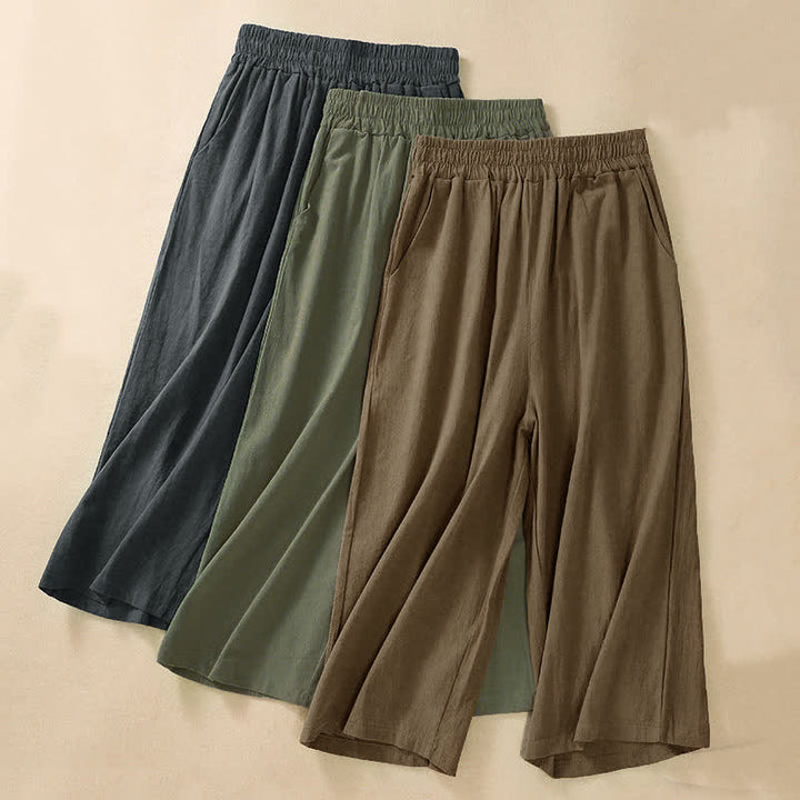 Buddha Stones Hochtaillierte, kurze Capri-Baumwollhose mit weitem Bein und Taschen für Damen - image 23