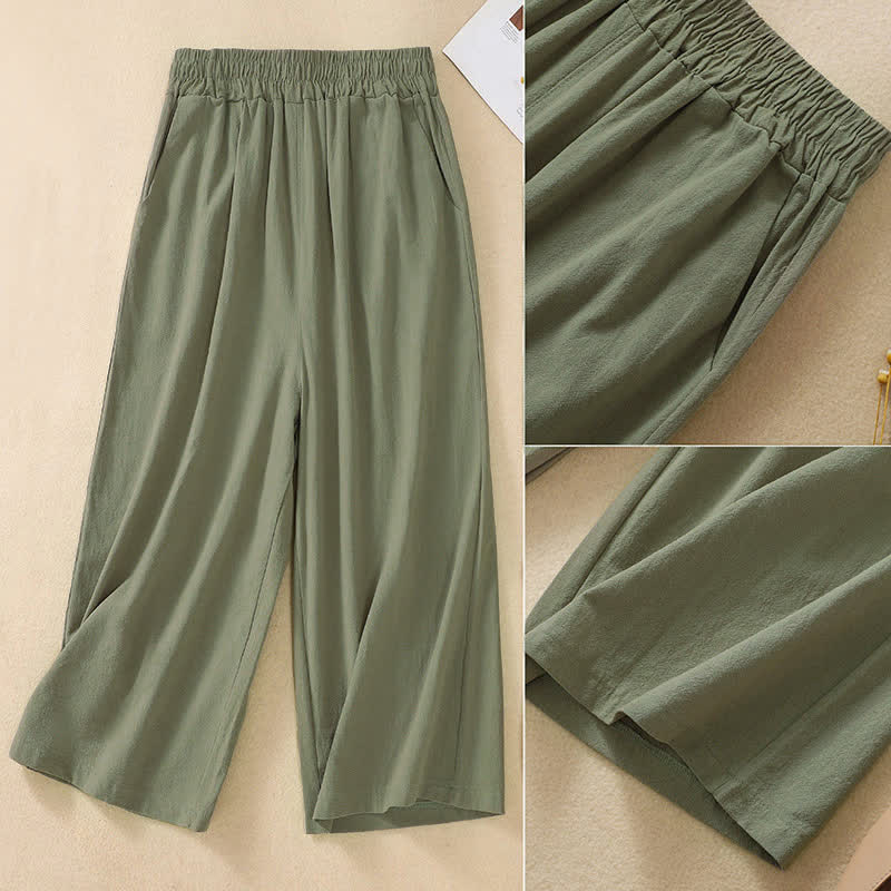 Buddha Stones Hochtaillierte, kurze Capri-Baumwollhose mit weitem Bein und Taschen für Damen - image 17