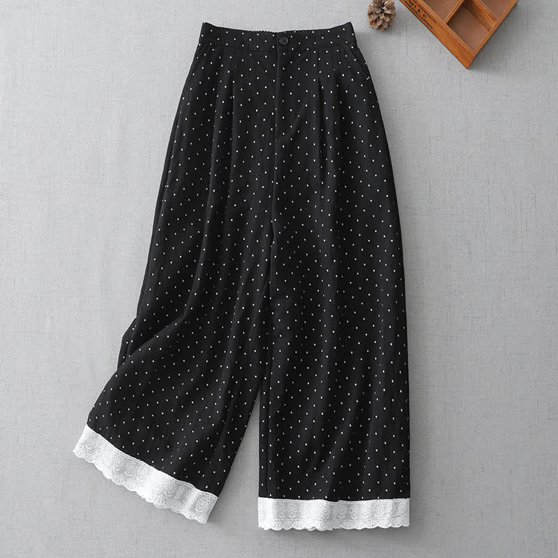 Buddha Stones Damen-Caprihose aus Baumwolle mit weitem Bein und Taschen, verziert mit Polka-Dot-Spitzenmuster - Schwarz - US 8-10, UK/AU 12-14, EU 40-42 (2XL) - image 0