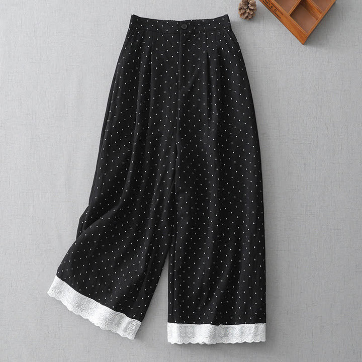Buddha Stones Damen-Caprihose aus Baumwolle mit weitem Bein und Taschen, verziert mit Polka-Dot-Spitzenmuster - Schwarz - US 8-10, UK/AU 12-14, EU 40-42 (2XL) - image 0
