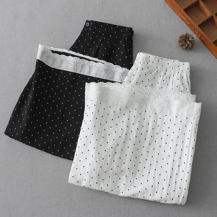 Buddha Stones Damen-Caprihose aus Baumwolle mit weitem Bein und Taschen, verziert mit Polka-Dot-Spitzenmuster - image 14