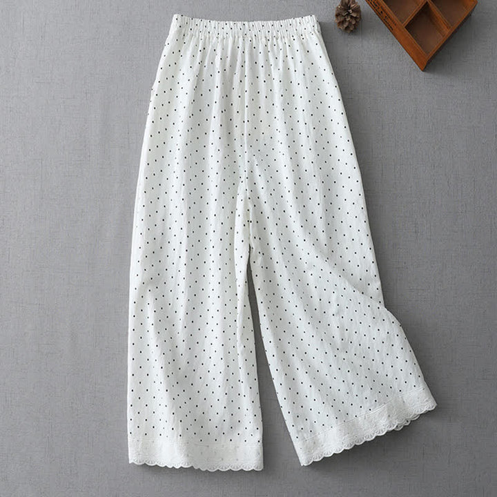 Buddha Stones Damen-Caprihose aus Baumwolle mit weitem Bein und Taschen, verziert mit Polka-Dot-Spitzenmuster - image 5