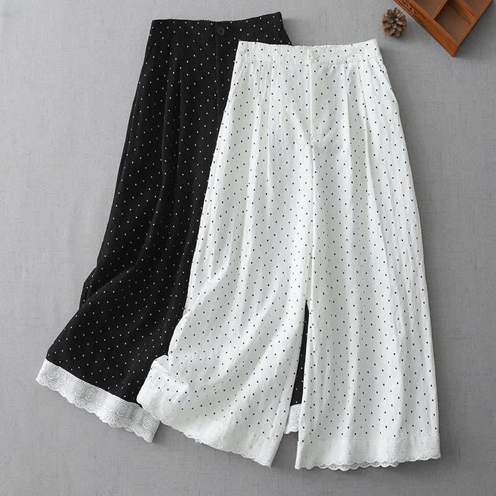 Buddha Stones Damen-Caprihose aus Baumwolle mit weitem Bein und Taschen, verziert mit Polka-Dot-Spitzenmuster - image 13