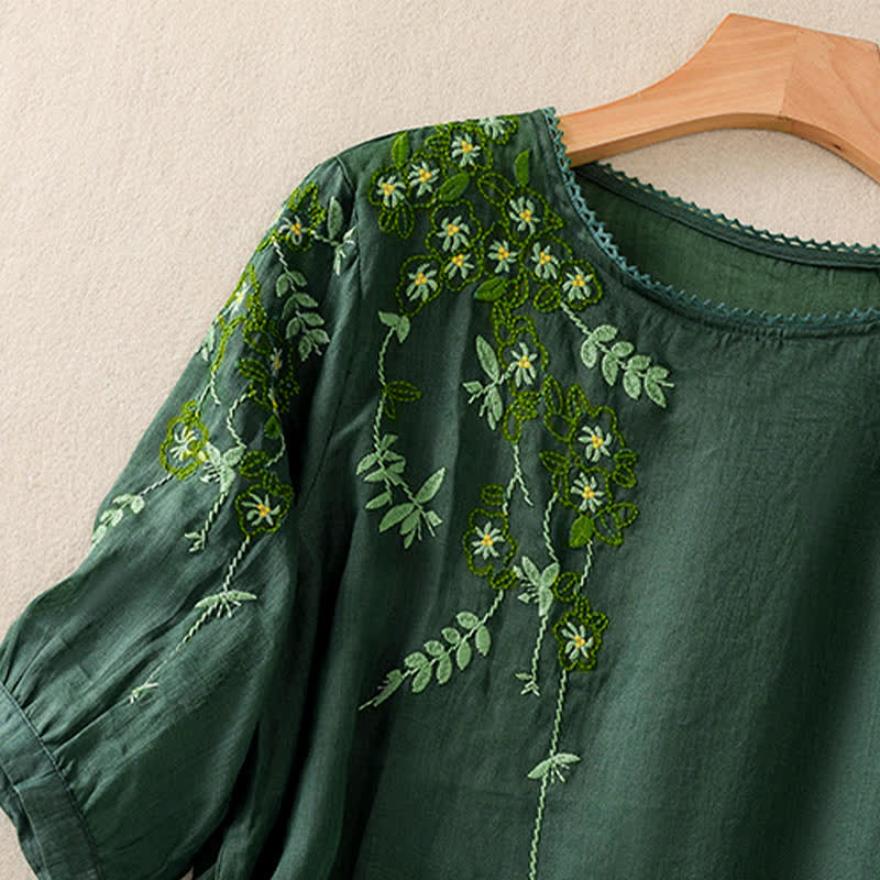 Buddha Stones Damen-T-Shirt mit Retro-Stickerei und Blumenmuster, Kurzarm, Rundhalsausschnitt - image 3