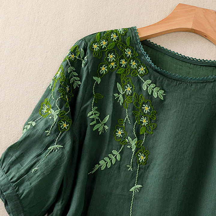 Buddha Stones Damen-T-Shirt mit Retro-Stickerei und Blumenmuster, Kurzarm, Rundhalsausschnitt - image 3