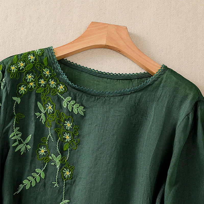 Buddha Stones Damen-T-Shirt mit Retro-Stickerei und Blumenmuster, Kurzarm, Rundhalsausschnitt - image 1