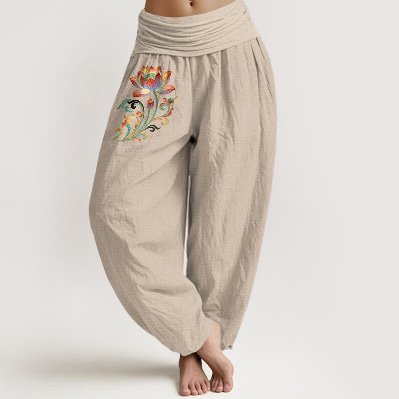 Buddha Stones Baumwoll-Haremshose mit buntem Lotusblumenmuster und elastischem Bund für Damen - Bräunen - US16, UK/AU20, EU48 (3XL) - image 11