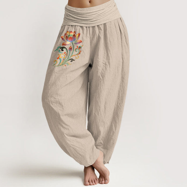 Buddha Stones Baumwoll-Haremshose mit buntem Lotusblumenmuster und elastischem Bund für Damen - Bräunen - US16, UK/AU20, EU48 (3XL) - image 11