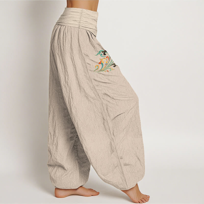 Buddha Stones Baumwoll-Haremshose mit buntem Lotusblumenmuster und elastischem Bund für Damen - image 13